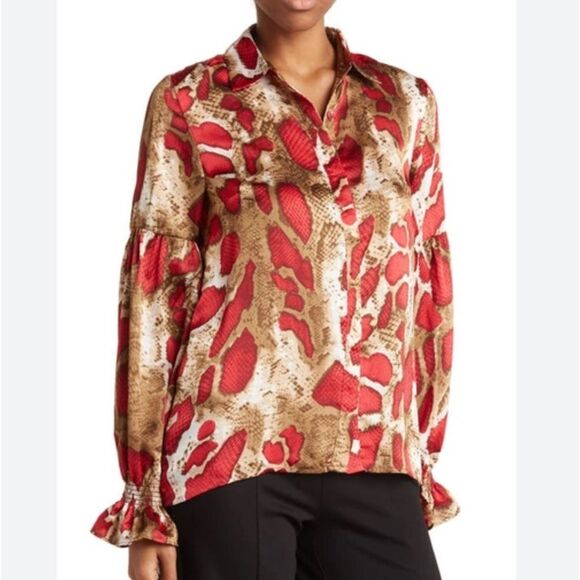 PATRIZIA LUCA Snake Print Long Sleeve Blouse In Red Sz XS - Picture 1 of 9